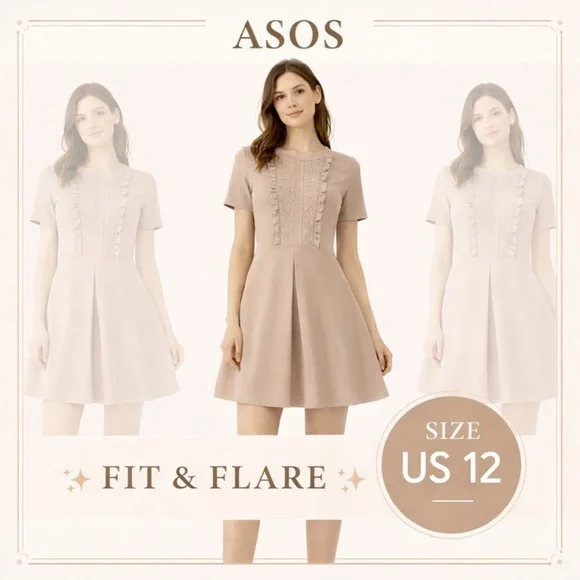 NWT ASOS Lace Panel Fit & Flare Dress Soft Taupe Beige/ Nude Beige Size US 12 - Picture 1 of 16